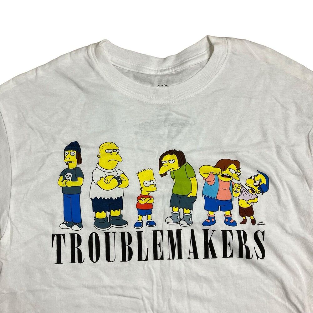 The Simpsons Troublemakers T-Shirt Womens M White Graphic Cartoon Retro TV Tee
